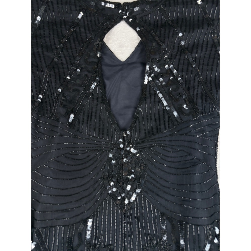 Vintage Carina Black Pure Silk Beaded Sequin Art Deco Flapper Mini Dress Medium - Picture 5 of 9